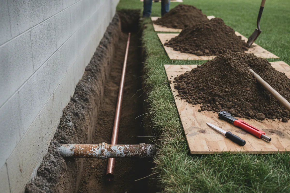 Excavated water line trench during Sewer Line Repair in Mauldin